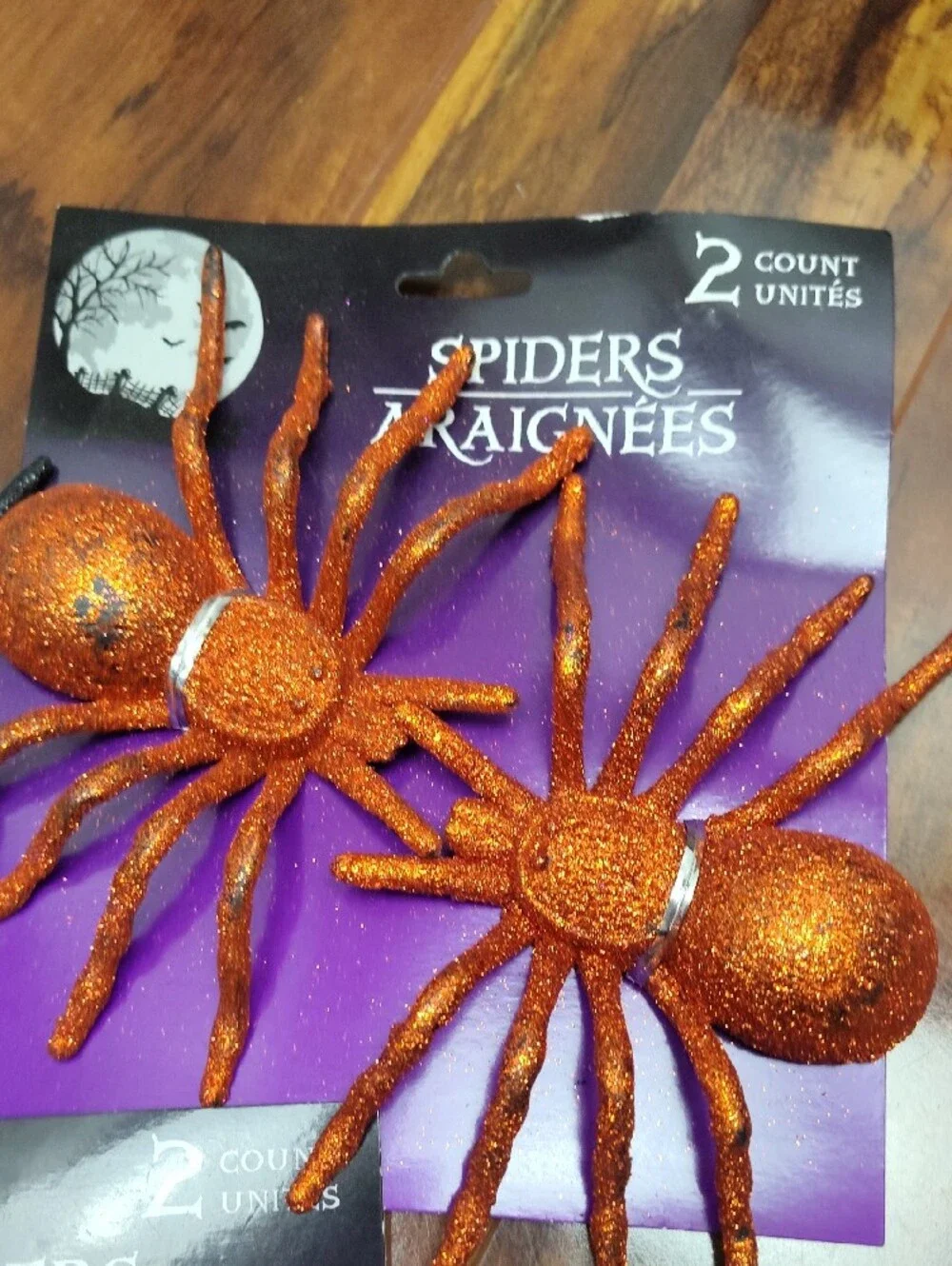 New 3 Set Of Two Glitter Halloween Spider Decorations - Black, Orange, Purple